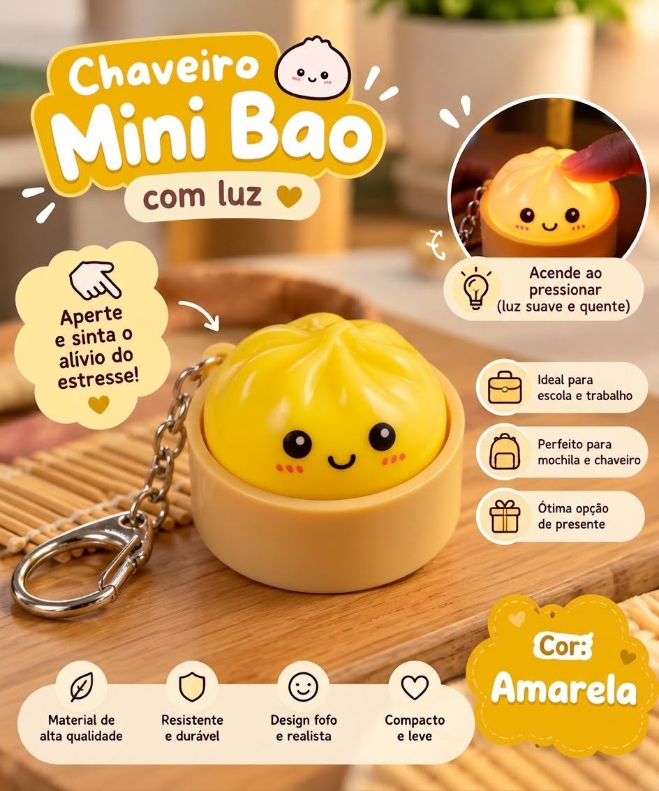 Chaveiro pãozinho Mini Bao com Luz - Amarelo — foto 1 de 3