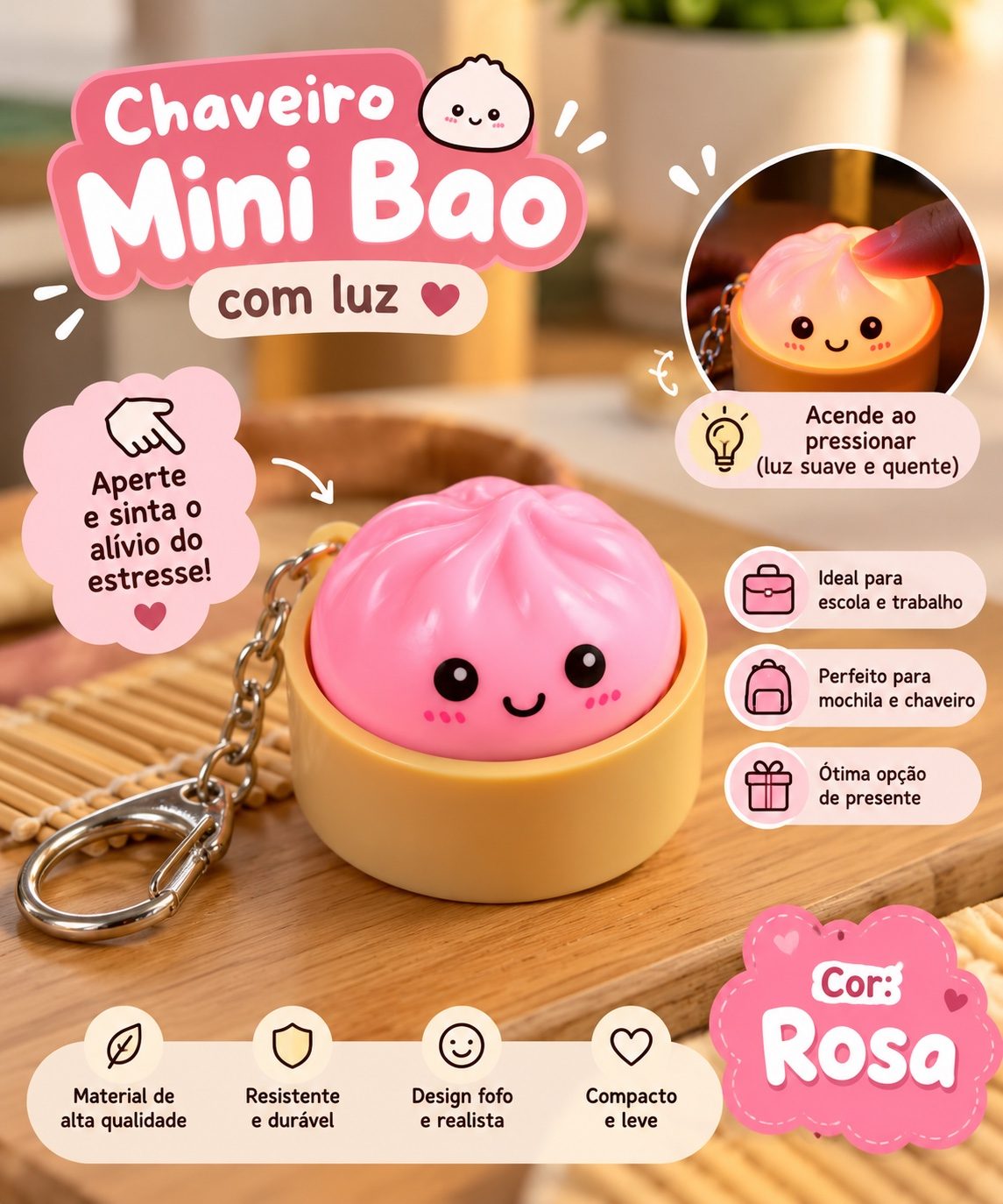 Chaveiro pãozinho Mini Bao com Luz - Rosa — foto 1 de 3